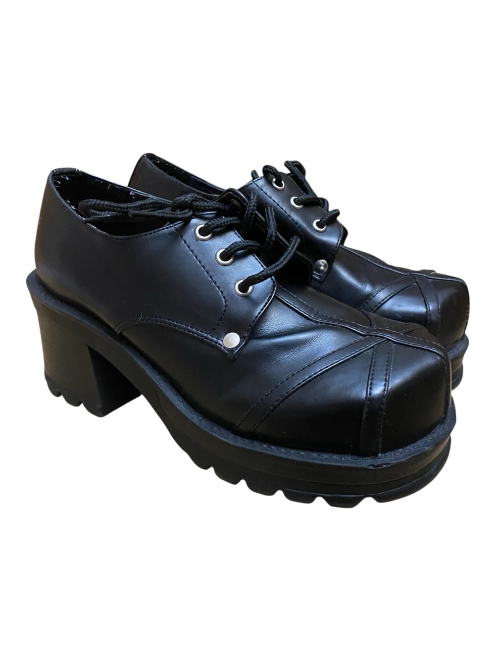 Demonia Womens Trump-101 Black Tall Loafer Shoes Stomp Goth Chunky